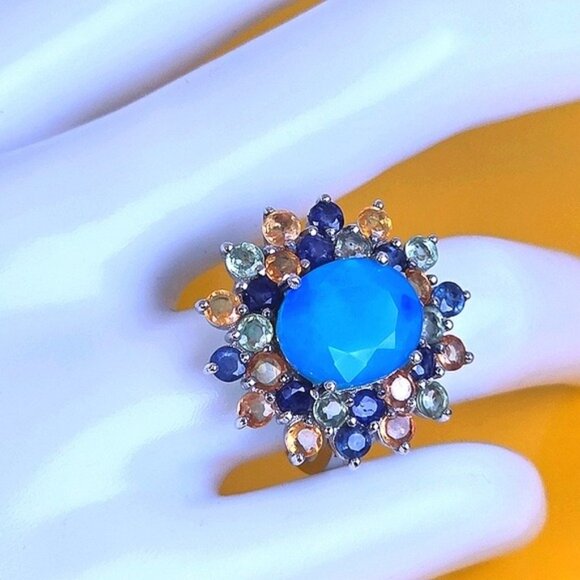 925 Sterling Silver Ring Sz 6.75 with Natural Blue Opal & Multi-Color Sapphire - Picture 5 of 11